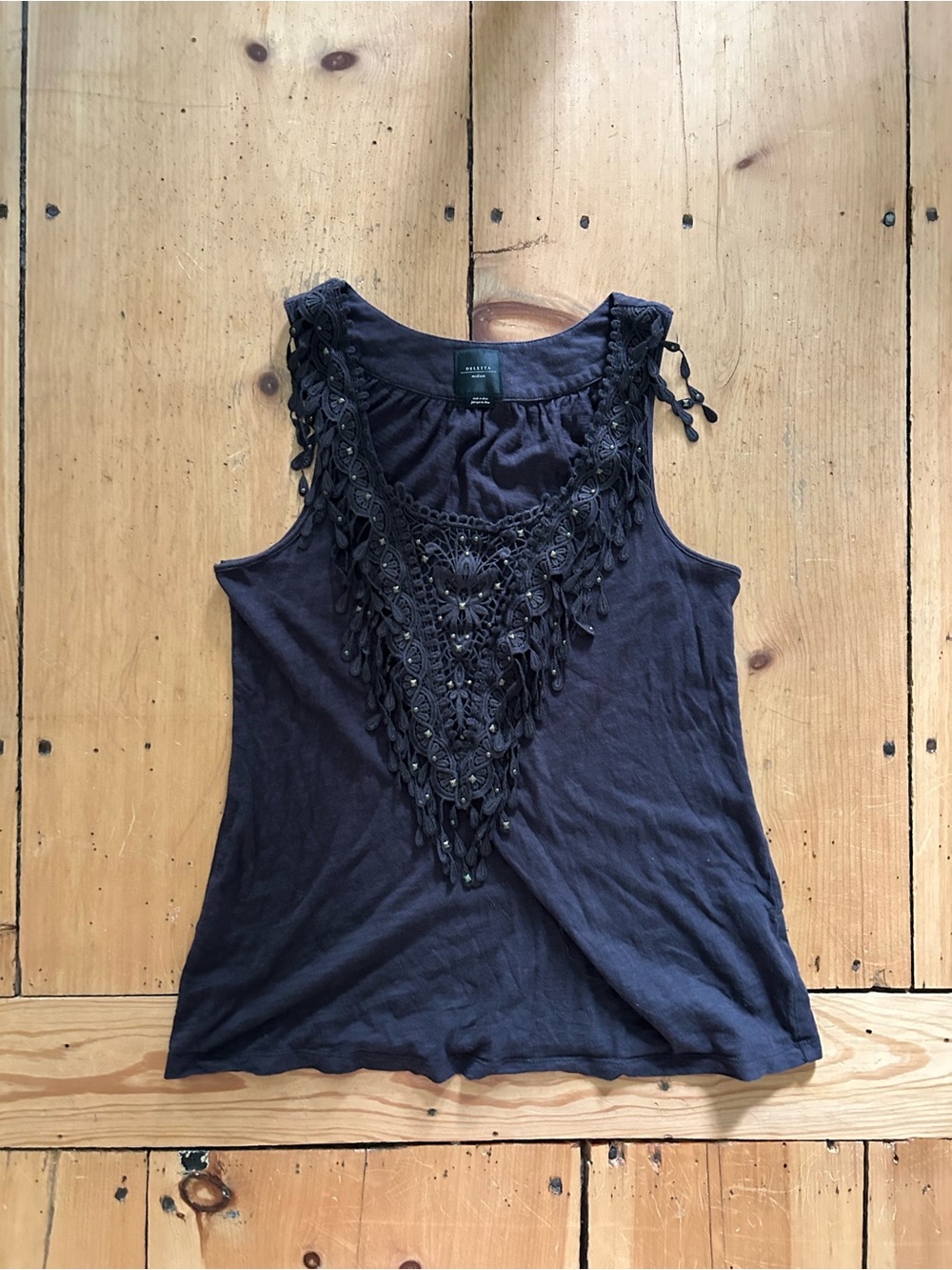 Anthropologie Brown Sleeveless Tank Top with Embroidered Detail and Fringe